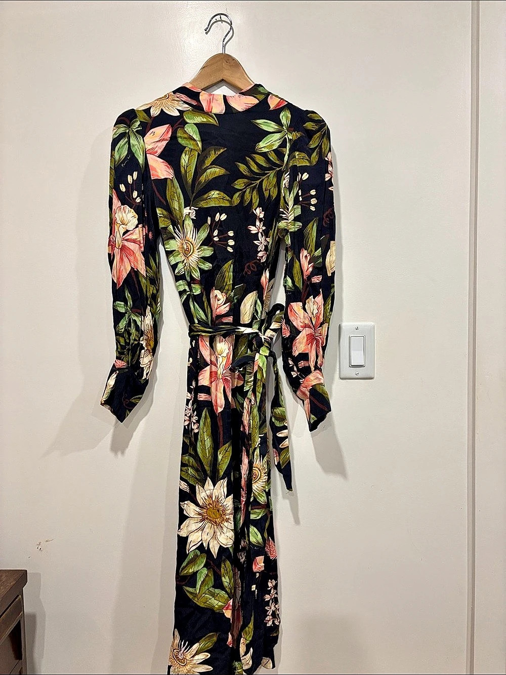 Farm Rio Snake Garden Mix Print Long Sleeve Wrap Dress Black & Green XS